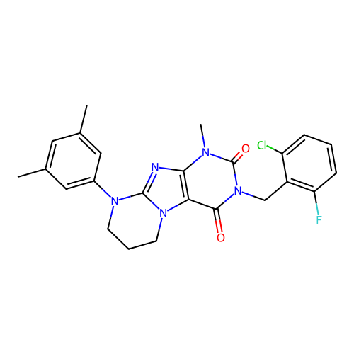 3-(2-chloro-6-fluorobenzyl)-9-(3,5-dimethylphenyl)-1-methyl-6,7,8,9-tetrahydropyrimido[2,1-f]purine-2,4(1H,3H)-dione structure