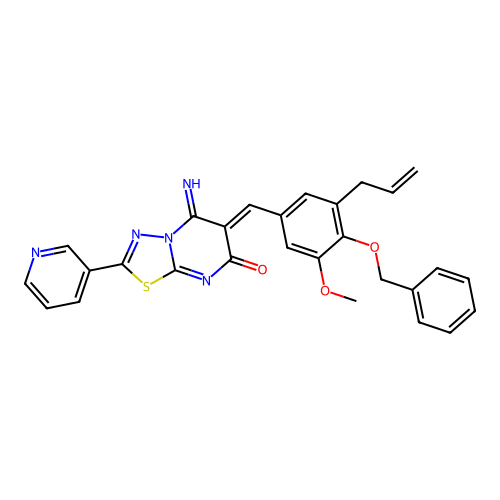 (6Z)-5-imino-6-[(3-methoxy-4-phenylmethoxy-5-prop-2-enylphenyl)methylidene]-2-pyridin-3-yl-[1,3,4]thiadiazolo[3,2-a]pyrimidin-7-one structure