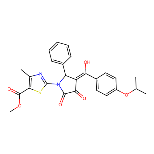 methyl 2-[4-[hydroxy-(4-propan-2-yloxyphenyl)methylidene]-2,3-dioxo-5-phenylpyrrolidin-1-yl]-4-methyl-1,3-thiazole-5-carboxylate structure