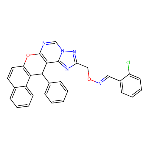 (E)-1-(2-chlorophenyl)-N-[(14-phenyl-14H-benzo[5,6]chromeno[3,2-e][1,2,4]triazolo[1,5-c]pyrimidin-2-yl)methoxy]methanimine structure