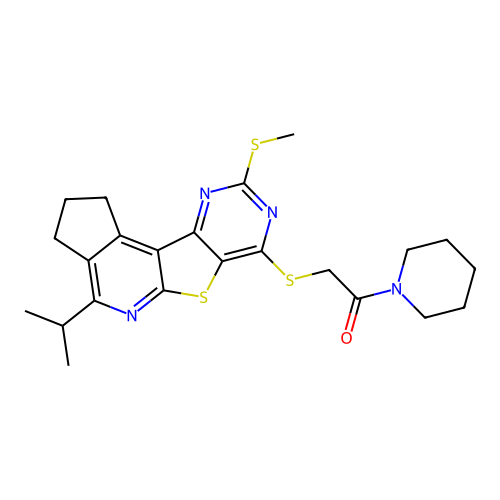 2-((4-isopropyl-9-(methylthio)-2,3-dihydro-1H-cyclopenta[4',5']pyrido[3',2':4,5]thieno[3,2-d]pyrimidin-7-yl)thio)-1-(piperidin-1-yl)ethanone structure