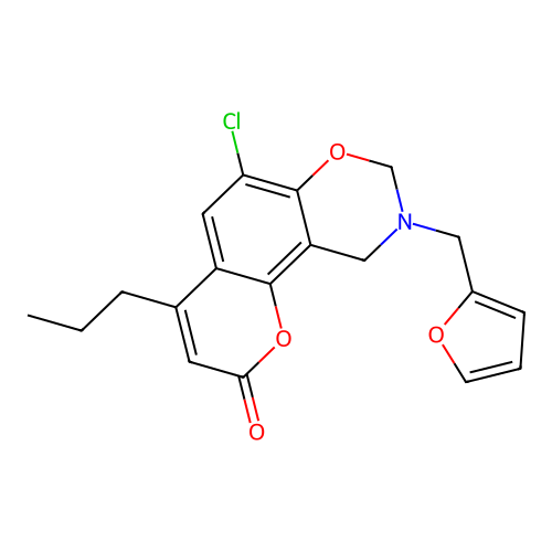 6-chloro-9-(2-furylmethyl)-4-propyl-9,10-dihydro-2H,8H-chromeno[8,7-e][1,3]oxazin-2-one structure