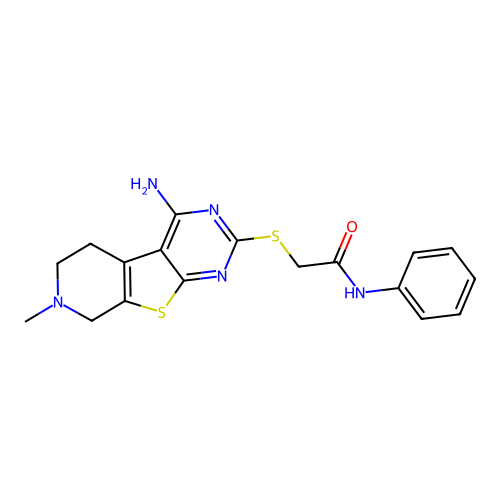 2-((4-amino-7-methyl-5,6,7,8-tetrahydropyrido[4',3':4,5]thieno[2,3-d]pyrimidin-2-yl)thio)-N-phenylacetamide structure