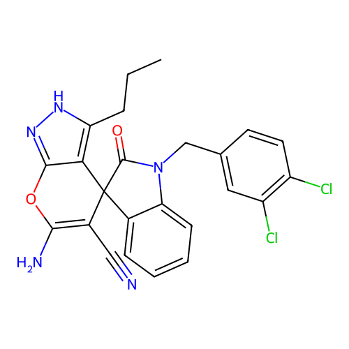 6'-amino-1-(3,4-dichlorobenzyl)-2-oxo-3'-propyl-1'H-spiro[indoline-3,4'-pyrano[2,3-c]pyrazole]-5'-carbonitrile structure