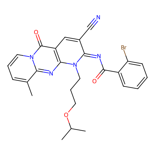 (E)-2-bromo-N-(3-cyano-1-(3-isopropoxypropyl)-10-methyl-5-oxo-1H-dipyrido[1,2-a:2',3'-d]pyrimidin-2(5H)-ylidene)benzamide structure