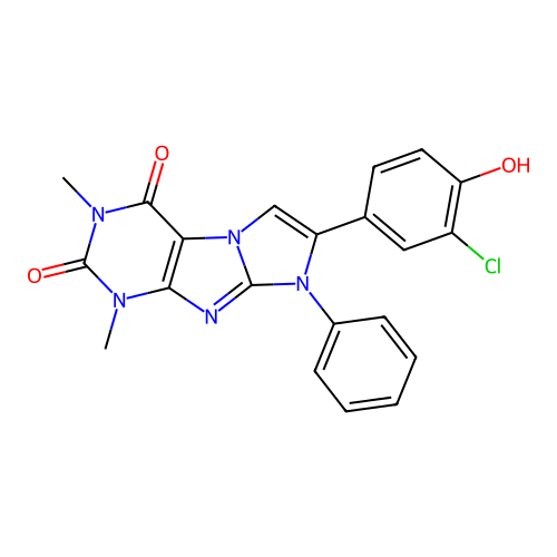 2-chloro-4-(1,3-dimethyl-2,4-dioxo-8-phenyl-2,3,4,8-tetrahydro-1H-imidazo[2,1-f]purin-9-ium-7-yl)phenolate structure