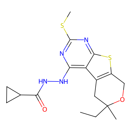 N'-(6-ethyl-6-methyl-2-(methylthio)-6,8-dihydro-5H-pyrano[4',3':4,5]thieno[2,3-d]pyrimidin-4-yl)cyclopropanecarbohydrazide structure