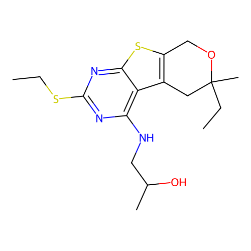 1-((6-ethyl-2-(ethylthio)-6-methyl-6,8-dihydro-5H-pyrano[4',3':4,5]thieno[2,3-d]pyrimidin-4-yl)amino)propan-2-ol structure