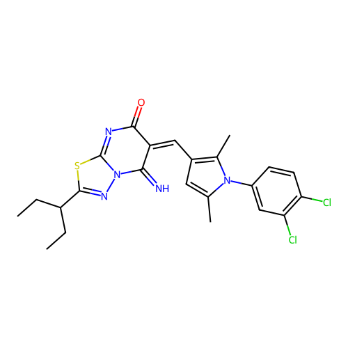 (E)-6-((1-(3,4-dichlorophenyl)-2,5-dimethyl-1H-pyrrol-3-yl)methylene)-5-imino-2-(pentan-3-yl)-5H-[1,3,4]thiadiazolo[3,2-a]pyrimidin-7(6H)-one structure