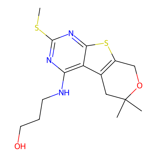 3-((6,6-dimethyl-2-(methylthio)-6,8-dihydro-5H-pyrano[4',3':4,5]thieno[2,3-d]pyrimidin-4-yl)amino)propan-1-ol structure