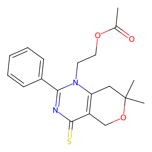 2-(7,7-dimethyl-2-phenyl-4-sulfanylidene-5,8-dihydropyrano[4,3-d]pyrimidin-1-yl)ethyl acetate structure