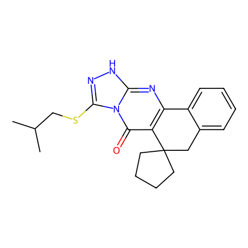 9-(isobutylthio)-5H-spiro[benzo[h][1,2,4]triazolo[3,4-b]quinazoline-6,1'-cyclopentan]-7(12H)-one structure