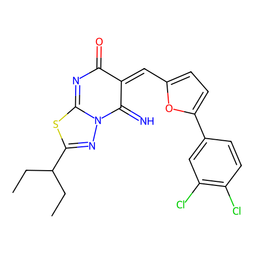 (6E)-6-[[5-(3,4-dichlorophenyl)furan-2-yl]methylidene]-5-imino-2-pentan-3-yl-[1,3,4]thiadiazolo[3,2-a]pyrimidin-7-one structure