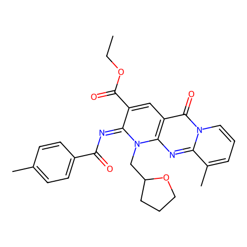 (Z)-ethyl 10-methyl-2-((4-methylbenzoyl)imino)-5-oxo-1-((tetrahydrofuran-2-yl)methyl)-2,5-dihydro-1H-dipyrido[1,2-a:2',3'-d]pyrimidine-3-carboxylate structure