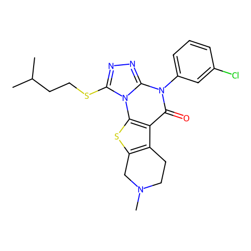 4-(3-chlorophenyl)-1-(isopentylthio)-8-methyl-6,7,8,9-tetrahydropyrido[4',3':4,5]thieno[3,2-e][1,2,4]triazolo[4,3-a]pyrimidin-5(4H)-one structure