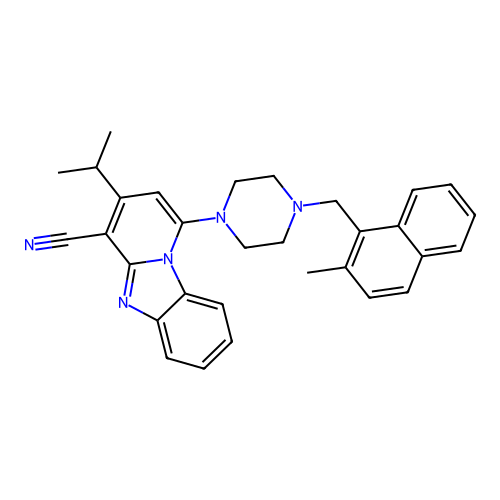1-[4-[(2-methylnaphthalen-1-yl)methyl]piperazin-1-yl]-3-propan-2-ylpyrido[1,2-a]benzimidazole-4-carbonitrile structure