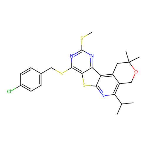 8-((4-chlorobenzyl)thio)-5-isopropyl-2,2-dimethyl-10-(methylthio)-2,4-dihydro-1H-pyrano[4'',3'':4',5']pyrido[3',2':4,5]thieno[3,2-d]pyrimidine structure