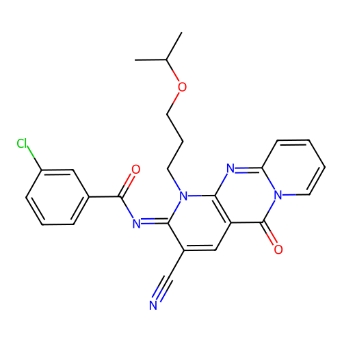 (E)-3-chloro-N-(3-cyano-1-(3-isopropoxypropyl)-5-oxo-1H-dipyrido[1,2-a:2',3'-d]pyrimidin-2(5H)-ylidene)benzamide structure