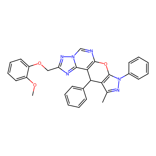 2-[(2-methoxyphenoxy)methyl]-10-methyl-8,11-diphenyl-8,11-dihydropyrazolo[4',3':5,6]pyrano[3,2-e][1,2,4]triazolo[1,5-c]pyrimidine structure
