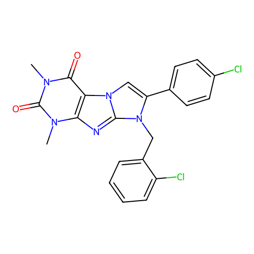 8-(2-chlorobenzyl)-7-(4-chlorophenyl)-1,3-dimethyl-1H-imidazo[2,1-f]purine-2,4(3H,8H)-dione structure