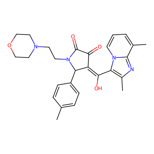 (4E)-4-[(2,8-dimethylimidazo[1,2-a]pyridin-3-yl)-hydroxymethylidene]-5-(4-methylphenyl)-1-(2-morpholin-4-ylethyl)pyrrolidine-2,3-dione structure