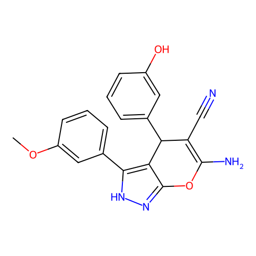 6-amino-4-(3-hydroxyphenyl)-3-(3-methoxyphenyl)-2,4-dihydropyrano[2,3-c]pyrazole-5-carbonitrile structure