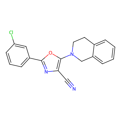 2-(3-chlorophenyl)-5-(3,4-dihydro-1H-isoquinolin-2-yl)-1,3-oxazole-4-carbonitrile structure