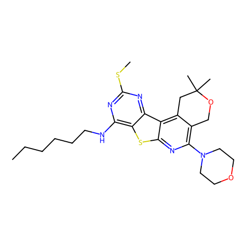 N-hexyl-2,2-dimethyl-10-(methylsulfanyl)-5-(morpholin-4-yl)-1,4-dihydro-2H-pyrano[4'',3'':4',5']pyrido[3',2':4,5]thieno[3,2-d]pyrimidin-8-amine structure