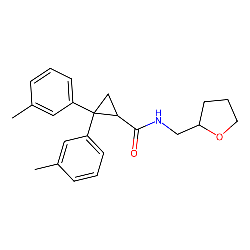 2,2-bis(3-methylphenyl)-N-(tetrahydrofuran-2-ylmethyl)cyclopropanecarboxamide structure