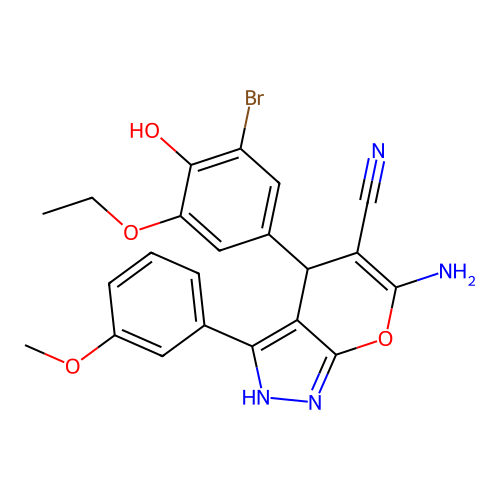 6-amino-4-(3-bromo-5-ethoxy-4-hydroxyphenyl)-3-(3-methoxyphenyl)-2,4-dihydropyrano[2,3-c]pyrazole-5-carbonitrile structure