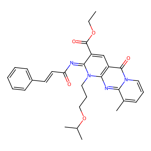 (Z)-ethyl 2-(cinnamoylimino)-1-(3-isopropoxypropyl)-10-methyl-5-oxo-2,5-dihydro-1H-dipyrido[1,2-a:2',3'-d]pyrimidine-3-carboxylate structure