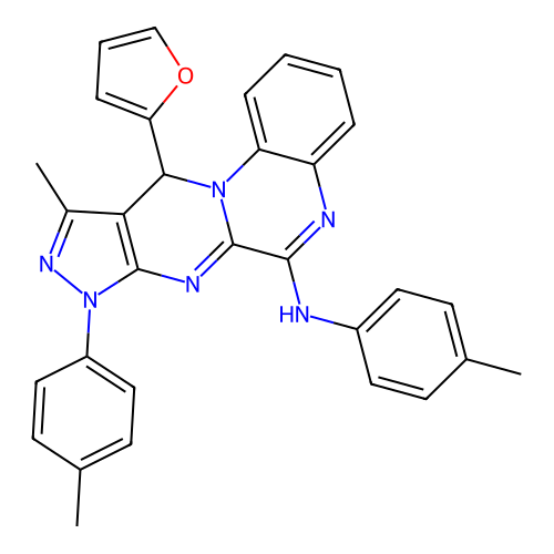11-(furan-2-yl)-10-methyl-N,8-bis(4-methylphenyl)-8,11-dihydropyrazolo[3',4':4,5]pyrimido[1,2-a]quinoxalin-6-amine structure