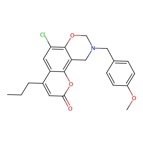 6-chloro-9-(4-methoxybenzyl)-4-propyl-9,10-dihydro-2H,8H-chromeno[8,7-e][1,3]oxazin-2-one structure