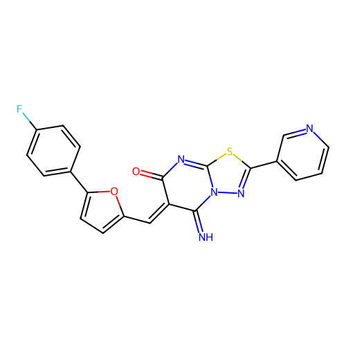 (6Z)-6-[[5-(4-fluorophenyl)furan-2-yl]methylidene]-5-imino-2-pyridin-3-yl-[1,3,4]thiadiazolo[3,2-a]pyrimidin-7-one structure