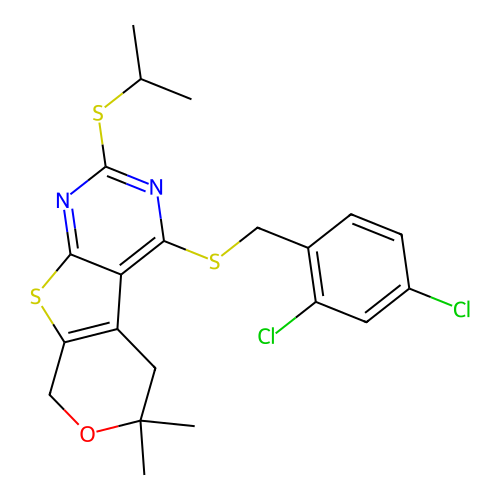 4-((2,4-dichlorobenzyl)thio)-2-(isopropylthio)-6,6-dimethyl-6,8-dihydro-5H-pyrano[4',3':4,5]thieno[2,3-d]pyrimidine structure