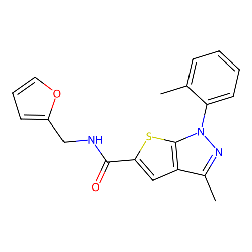 N-(furan-2-ylmethyl)-3-methyl-1-(2-methylphenyl)-1H-thieno[2,3-c]pyrazole-5-carboxamide structure