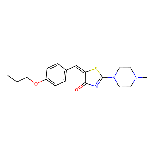 (E)-2-(4-methylpiperazin-1-yl)-5-(4-propoxybenzylidene)thiazol-4(5H)-one structure