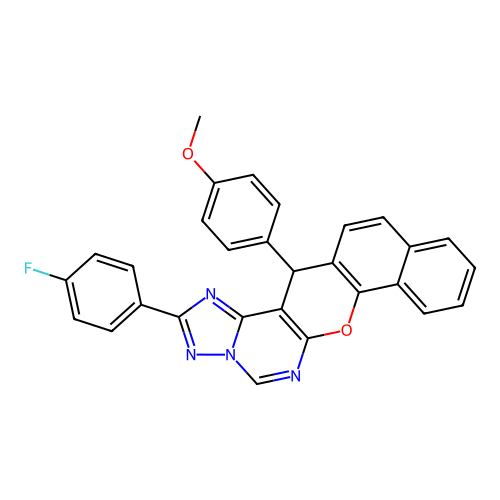 2-(4-fluorophenyl)-14-(4-methoxyphenyl)-14H-benzo[7,8]chromeno[3,2-e][1,2,4]triazolo[1,5-c]pyrimidine structure