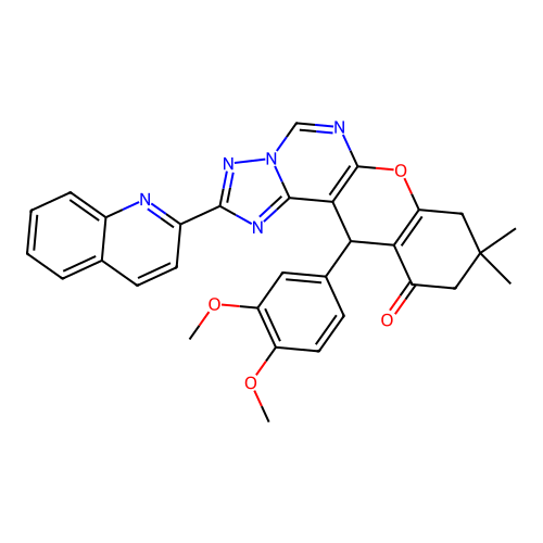 12-(3,4-dimethoxyphenyl)-9,9-dimethyl-2-(quinolin-2-yl)-8,9,10,12-tetrahydro-11H-chromeno[3,2-e][1,2,4]triazolo[1,5-c]pyrimidin-11-one structure