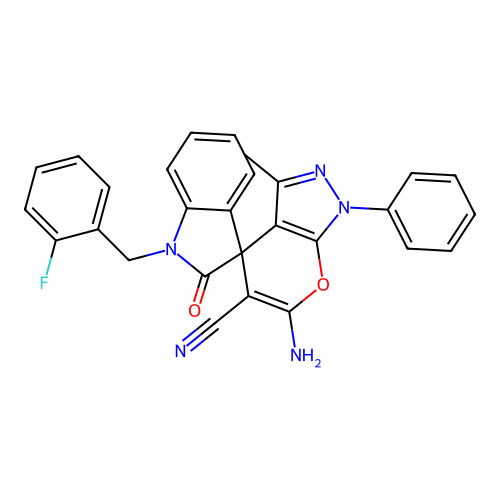 6'-amino-1-(2-fluorobenzyl)-3'-methyl-2-oxo-1'-phenyl-1'H-spiro[indoline-3,4'-pyrano[2,3-c]pyrazole]-5'-carbonitrile structure