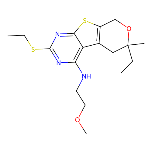 6-ethyl-2-(ethylsulfanyl)-N-(2-methoxyethyl)-6-methyl-5,8-dihydro-6H-pyrano[4',3':4,5]thieno[2,3-d]pyrimidin-4-amine structure