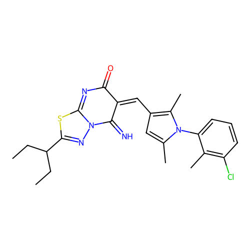 (E)-6-((1-(3-chloro-2-methylphenyl)-2,5-dimethyl-1H-pyrrol-3-yl)methylene)-5-imino-2-(pentan-3-yl)-5H-[1,3,4]thiadiazolo[3,2-a]pyrimidin-7(6H)-one structure