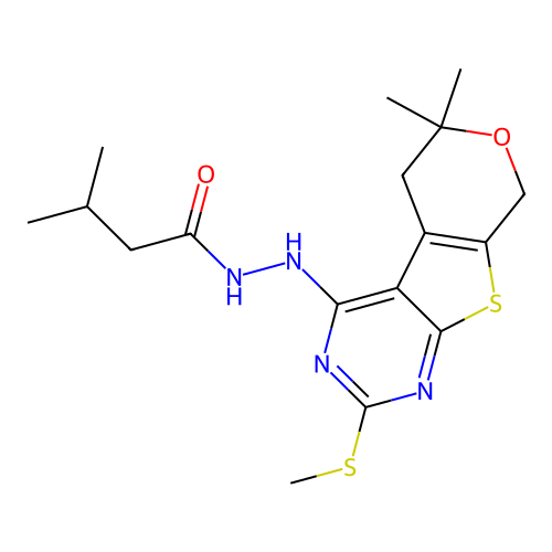 N'-(6,6-dimethyl-2-(methylthio)-6,8-dihydro-5H-pyrano[4',3':4,5]thieno[2,3-d]pyrimidin-4-yl)-3-methylbutanehydrazide structure