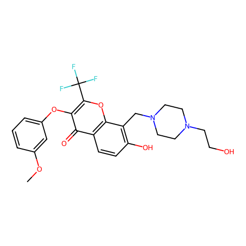 7-hydroxy-8-((4-(2-hydroxyethyl)piperazin-1-yl)methyl)-3-(3-methoxyphenoxy)-2-(trifluoromethyl)-4H-chromen-4-one structure