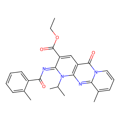 (Z)-ethyl 1-isopropyl-10-methyl-2-((2-methylbenzoyl)imino)-5-oxo-2,5-dihydro-1H-dipyrido[1,2-a:2',3'-d]pyrimidine-3-carboxylate structure