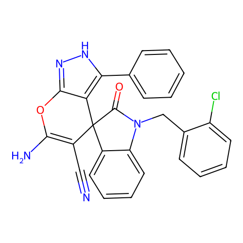 6'-amino-1-(2-chlorobenzyl)-2-oxo-3'-phenyl-1'H-spiro[indoline-3,4'-pyrano[2,3-c]pyrazole]-5'-carbonitrile structure