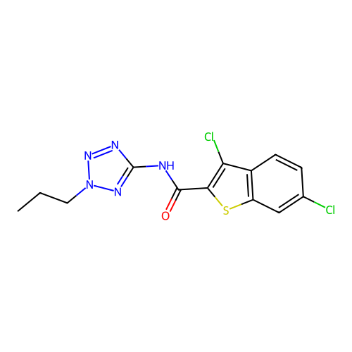 3,6-dichloro-N-(2-propyl-2H-tetrazol-5-yl)-1-benzothiophene-2-carboxamide structure