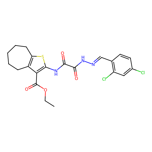 (E)-ethyl 2-(2-(2-(2,4-dichlorobenzylidene)hydrazinyl)-2-oxoacetamido)-5,6,7,8-tetrahydro-4H-cyclohepta[b]thiophene-3-carboxylate structure