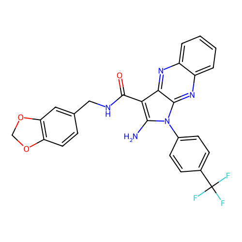 2-amino-N-(1,3-benzodioxol-5-ylmethyl)-1-[4-(trifluoromethyl)phenyl]-1H-pyrrolo[2,3-b]quinoxaline-3-carboxamide structure