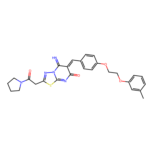 (6Z)-5-imino-6-[[4-[2-(3-methylphenoxy)ethoxy]phenyl]methylidene]-2-(2-oxo-2-pyrrolidin-1-ylethyl)-[1,3,4]thiadiazolo[3,2-a]pyrimidin-7-one structure